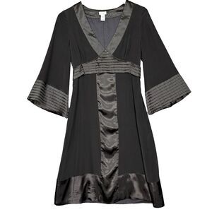 Aqua Dress Womens Small Black 100% Silk Bell Sleeve V-Neck Tieback Dark Romantic